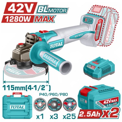 TOTAL ΕΠΑΓΓ. ΣΕΤ ΓΩΝΙΑΚΟΣ ΤΡΟΧΟΣ 115mm ΜΠΑΤ. Li-ion 42V / 2.5Ah / 2 ΜΠΑΤ BL Motor (TAGLI4128112E)