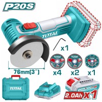 TOTAL ΕΠΑΓΓ. MINI ΓΩΝΙΑΚΟΣ ΤΡΟΧΟΣ ΜΠΑΤ. Li-ion 20V / 76mm / 2Ah / 1 ΜΠΑΤΑΡΙΑ (TAGLI76012)