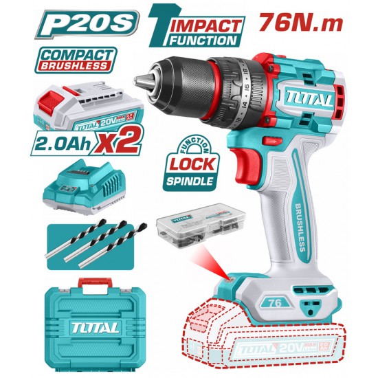 TOTAL ΕΠΑΓΓ. ΔΡΑΠ/ΒΙΔΟ ΚΡΟΥΣΤΙΚΟ ΜΠΑΤ. Li-ion 20V / 2Ah / 76Nm / 2 ΜΠΑΤ BL Motor (TIDLI20768E)