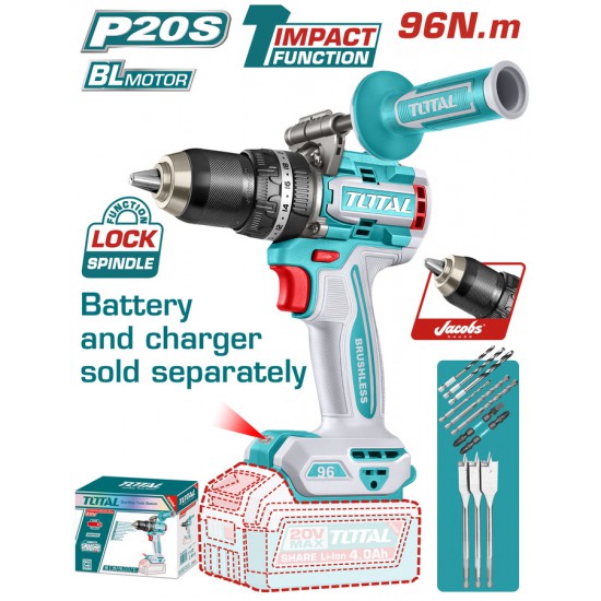 TOTAL ΕΠΑΓΓ. ΔΡΑΠ/ΒΙΔΟ ΚΡΟΥΣΤΙΚΟ ΜΠΑΤ. Li-ion 20V/96Nm ΧΩΡΙΣ ΜΠΑΤ & ΦΟΡΤΙΣΤΗ BL Motor (TIDLI209685)
