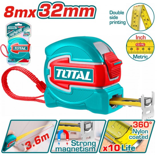 TOTAL ΕΠΑΓΓ. ΜΕΤΡΟΤΑΙΝΙΑ 8m X 32mm ΜΕΤΡΙΚΟ & ΙΝΤΣΑ (TMT80832)