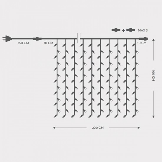 ΚΟΥΡΤΙΝΑ, 200 LED 5mm, 230V, 3 ΕΠΕΚΤΑΣΕΙΣ ΕΩΣ 5 ΣΕΤ, ΠΡΑΣΙΝΟ ΚΑΟΥΤΣΟΥΚ ΚΑΛΩΔΙΟ, ΛΕΥΚΟ LED (H100 x W200cm, 20 LINES x 10 LED), ΠΡΟΕΚΤΑΣΗ ΠΑΡΟΧΗΣ 1.5m, ΙΡ65