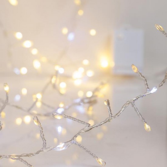 CLUSTER 2,5m, 200 MINI LED, ΜΕΤΑΣΧΗΜΑΤΙΣΤΗ, ΣΤΑΘΕΡΟ, ΑΣΗΜΙ ΧΑΛΚΙΝΟ ΚΑΛΩΔΙΟ, 100 ΘΕΡΜΟ ΛΕΥΚΟ LED, 100 ΛΕΥΚΟ LED ΜΕ ΠΡΟΓΡΑΜΜΑ SNOWFALL, ΠΡΟΕΚΤΑΣΗ ΠΑΡΟΧΗΣ 5m, IP44